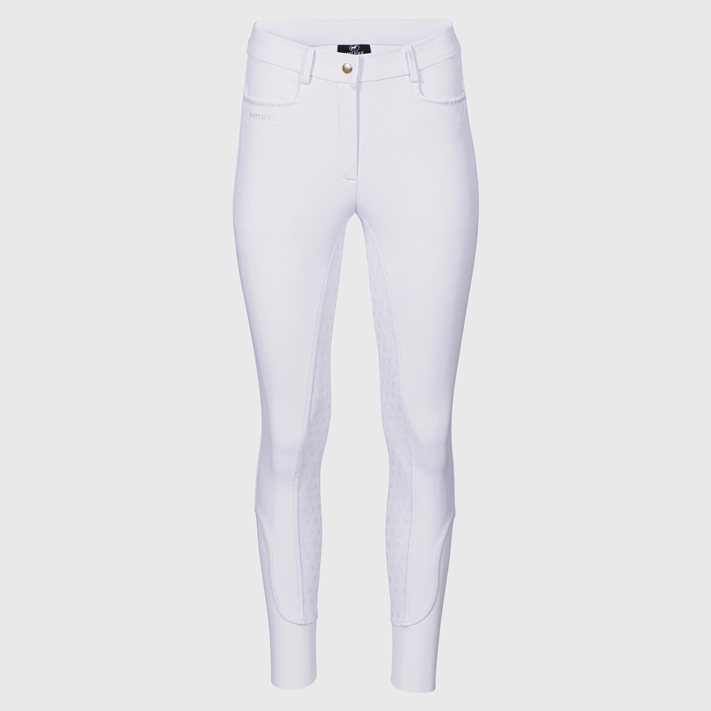 Witte paardrijbroek voor dames met hoge taille. Van Appliqué Amsterdam.De perfecte paardrijbroek voor wedstrijden! Vervaardigd van hoogwaardig 4-way-stretch compressiemateriaal voor optimale ondersteuning en comfort. Modern design met praktische, stijlvolle details.