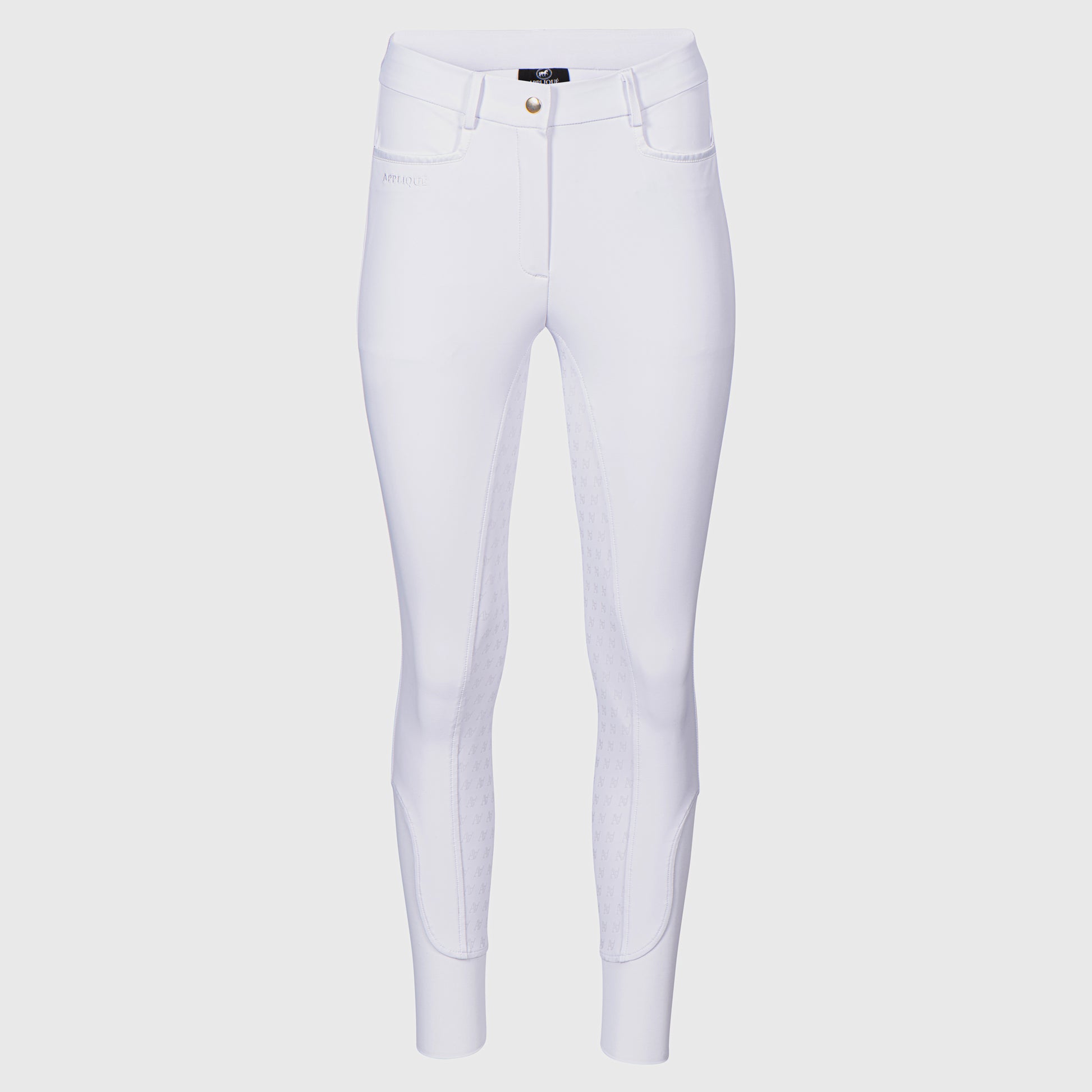 Witte paardrijbroek voor dames met hoge taille. Van Appliqué Amsterdam.De perfecte paardrijbroek voor wedstrijden! Vervaardigd van hoogwaardig 4-way-stretch compressiemateriaal voor optimale ondersteuning en comfort. Modern design met praktische, stijlvolle details.