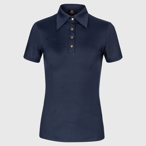 Poloshirt-Navy-Blue-women-training-Front-Applique-Amsterdam-Golden-Logo-Chic