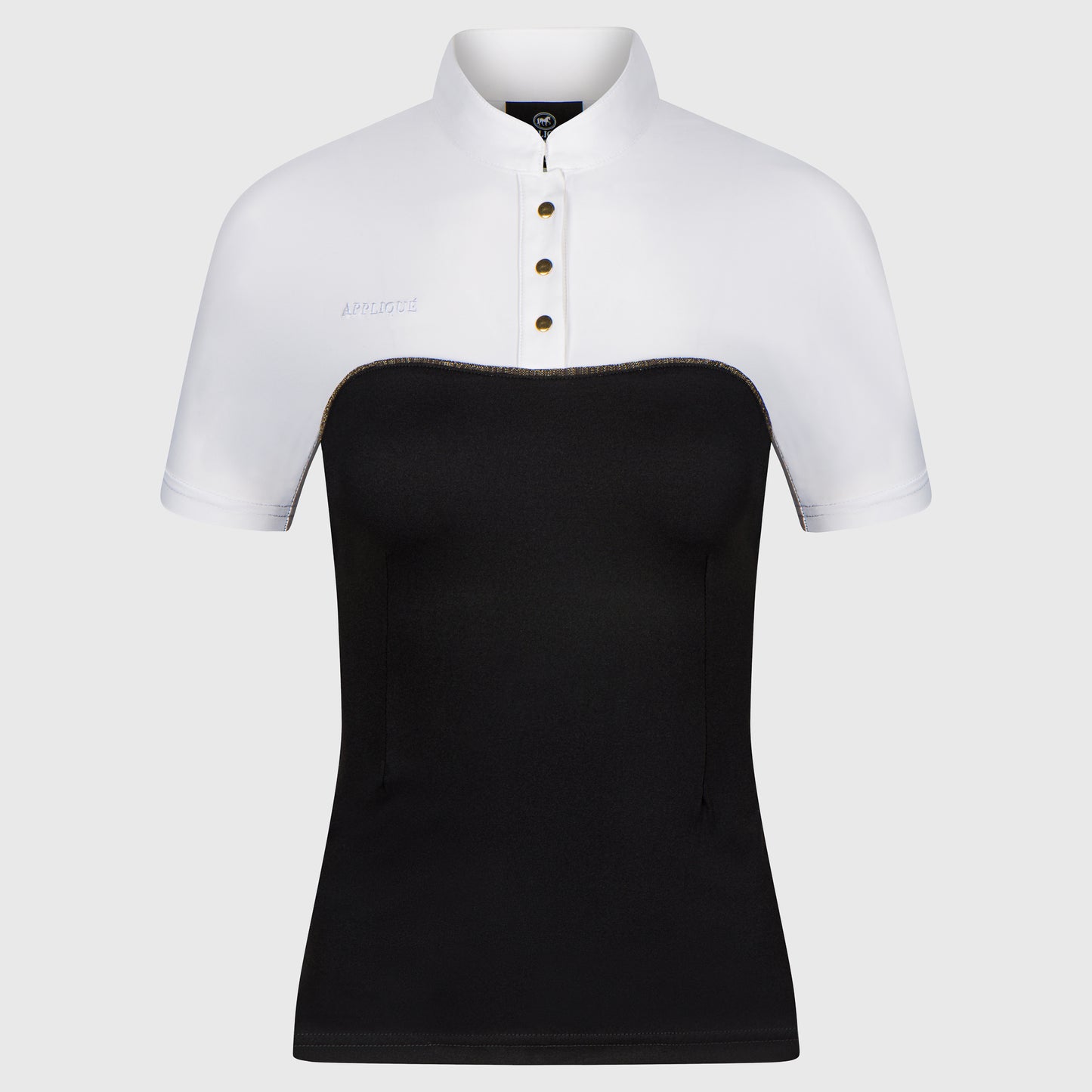 Appliqué Amsterdam Competition Shirt for women with gold details and glitter.