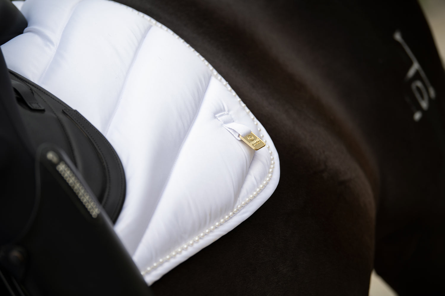 White dressage saddle pad for competition full with pearls and gold logo