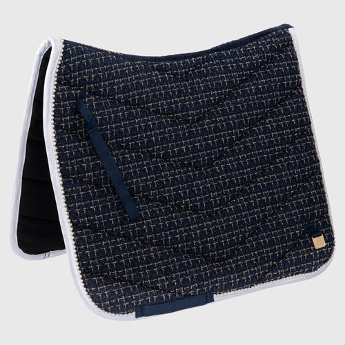 Navy Blue Dressage Saddle Pad with white border and pearls from Appliqué Amsterdam