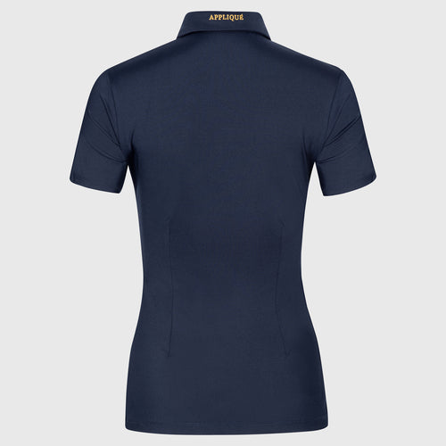Poloshirt-Navy-Blue-women-training-Front-Applique-Amsterdam-Golden-Logo-Chic-Damen-Shirt